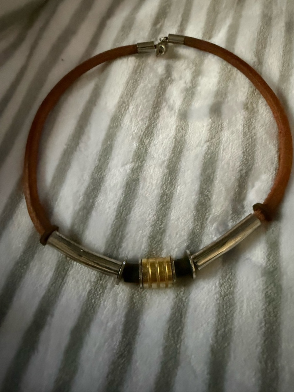 Vintage Brown Leather choker and Metal Bead Women's Necklace